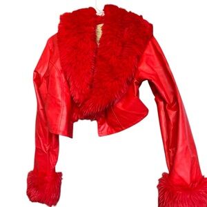 Red Faux Fur Trim Women's Jacket
